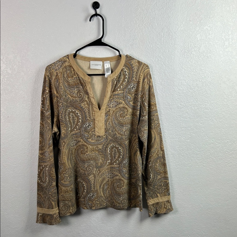 Liz Claiborne Women’s Beige Tan Brown Paisley Long Sleeve Shirt Sz XL Casual